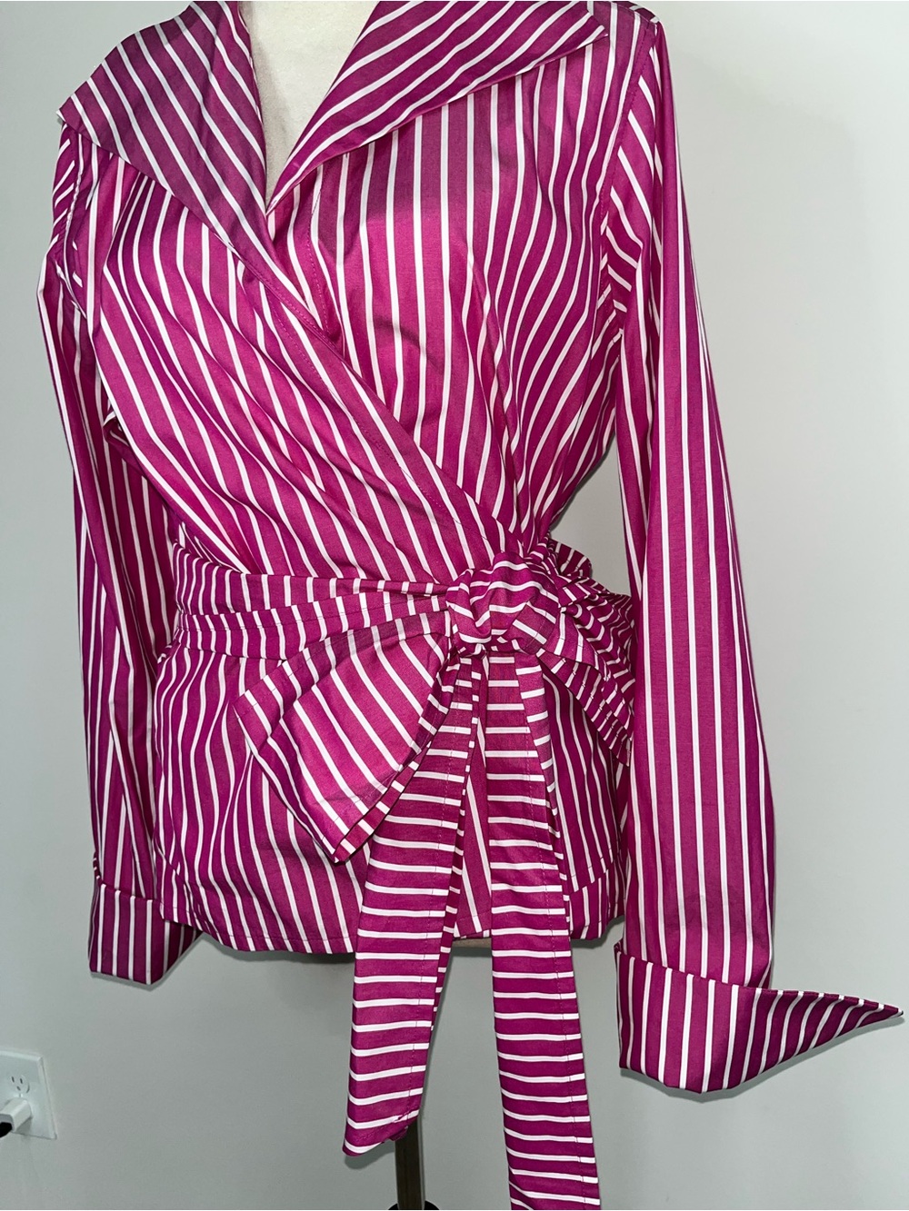 J. Peterman Pink White Stripe Shawl Collar Wrap Blouse Tie Waist Sz 16 Coastal - Picture 3 of 13